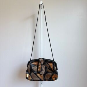 Vintage 80s Genuine Leather Patchwork Shoulder Bag Metallic Gold Bronze Purse‎